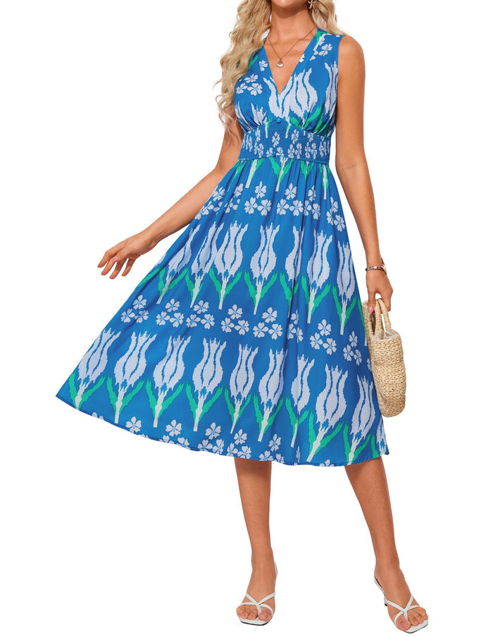 Women Casual Printed Dress Trendy Beach Dress with High Waist and Pockets Beach Orange Diamond L