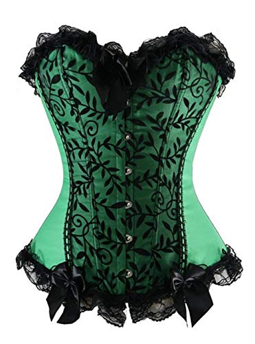 Women's Satin Corset Lace-Up Boned Waist Cincher Basque Bustier Top Size 6-24 (14-16, Green)
