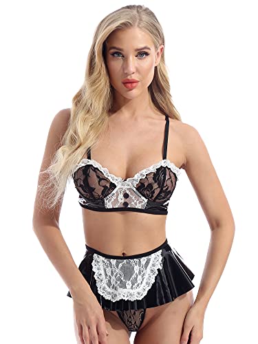 Women Faux Leather Lace Trim French Maid Cosplay Lingerie Set Nightwear