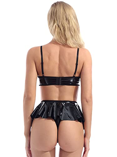 Women Faux Leather Lace Trim French Maid Cosplay Lingerie Set Nightwear