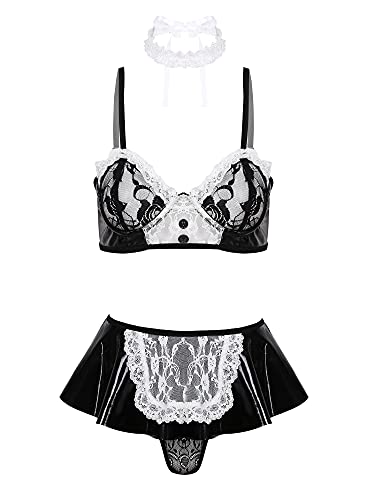 Women Faux Leather Lace Trim French Maid Cosplay Lingerie Set Nightwear