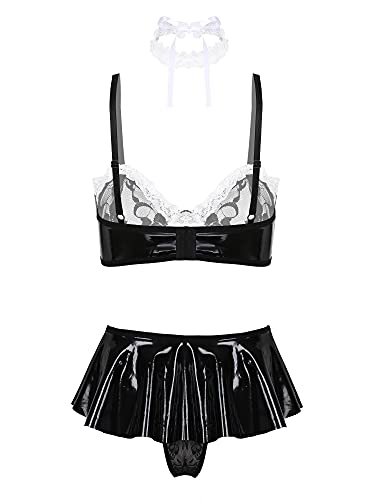 Women Faux Leather Lace Trim French Maid Cosplay Lingerie Set Nightwear