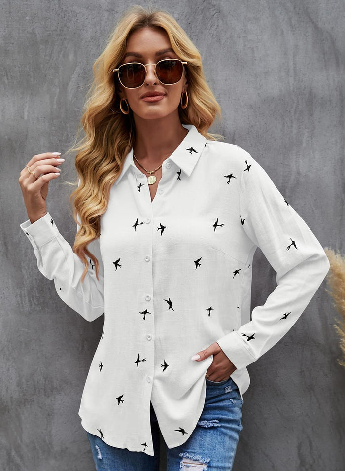 Women's Blouse Casual Long Sleeve Shirts V Neck Button Down Basic Loose Tunic Tops (White, S)