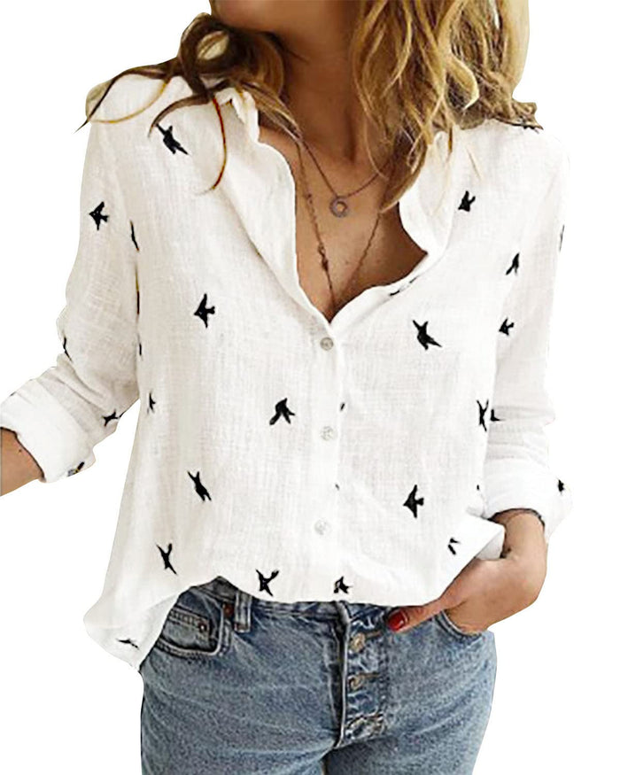 Women's Blouse Casual Long Sleeve Shirts V Neck Button Down Basic Loose Tunic Tops (White, S)