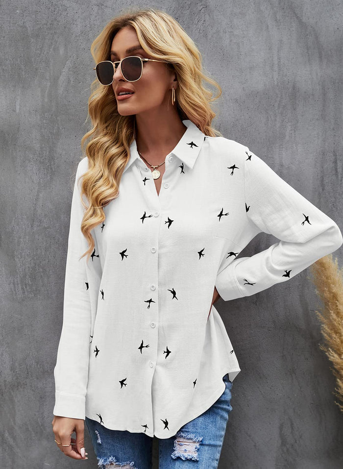 Women's Blouse Casual Long Sleeve Shirts V Neck Button Down Basic Loose Tunic Tops (White, S)