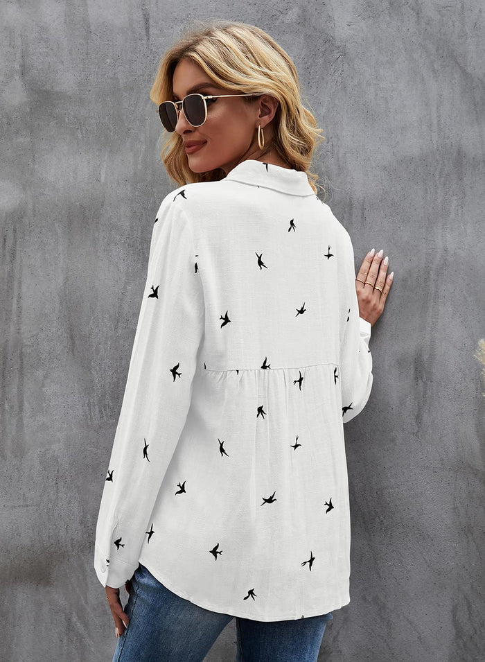 Women's Blouse Casual Long Sleeve Shirts V Neck Button Down Basic Loose Tunic Tops (White, S)