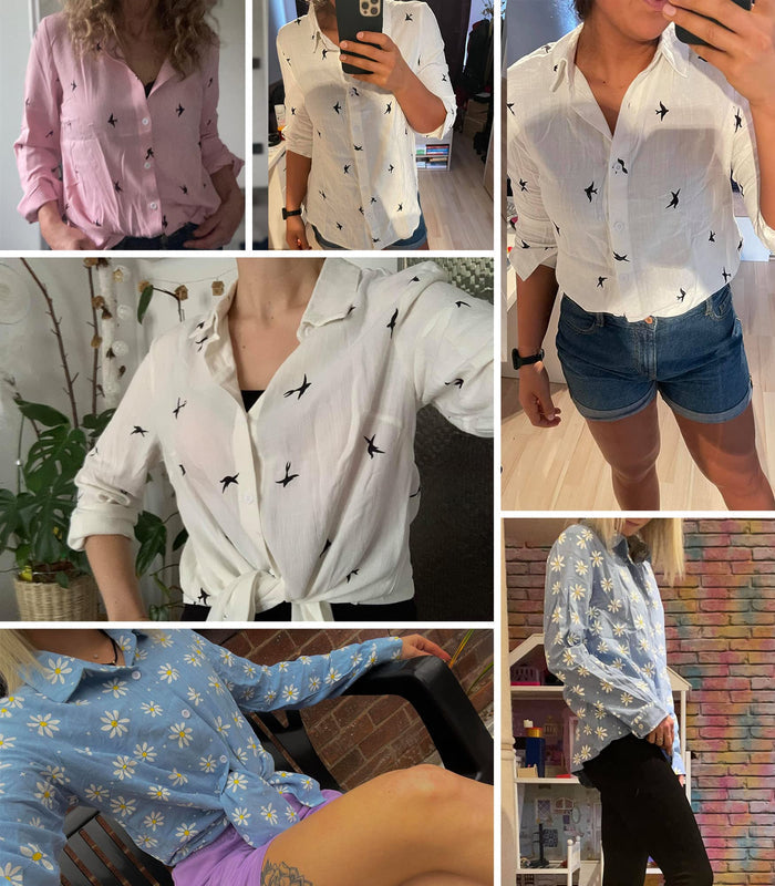 Women's Blouse Casual Long Sleeve Shirts V Neck Button Down Basic Loose Tunic Tops (White, S)