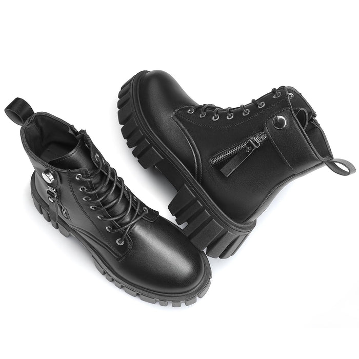 Womens Boots Ankle Boots Ladies Classic Lace-up Chunky Boots Side Zipper Platform Casual Boot Shoes