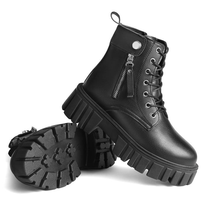 Womens Boots Ankle Boots Ladies Classic Lace-up Chunky Boots Side Zipper Platform Casual Boot Shoes