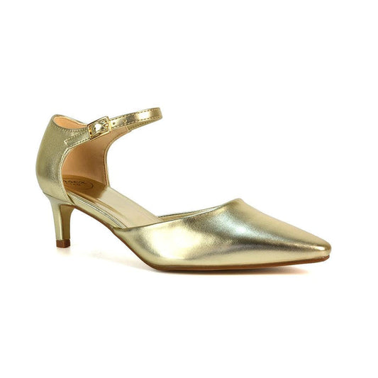 Women's Classic Low Kitten Stiletto Heel Ladies Gold Metallic 2 Piece Ankle Strap Court Shoes