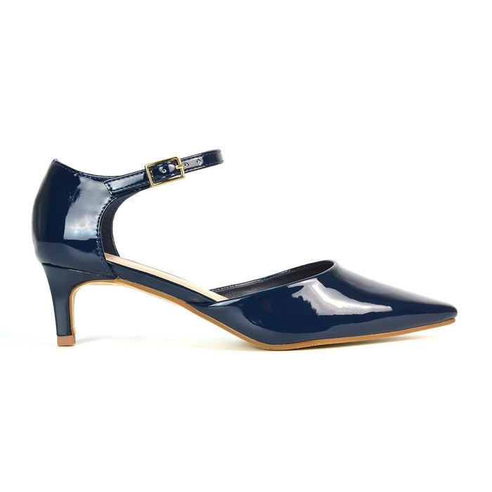 Women's Classic Low Kitten Stiletto Heel Ladies Gold Metallic 2 Piece Ankle Strap Court Shoes
