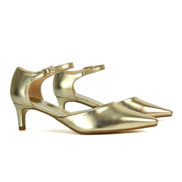 Women's Classic Low Kitten Stiletto Heel Ladies Gold Metallic 2 Piece Ankle Strap Court Shoes
