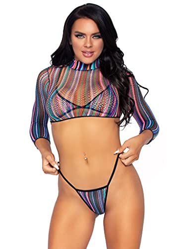 Women's Fishnet Bikini Set with Crop Top Lingerie in Black Rainbow, One Size