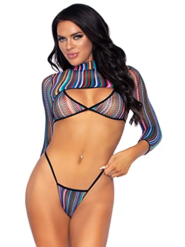 Women's Fishnet Bikini Set with Crop Top Lingerie in Black Rainbow, One Size