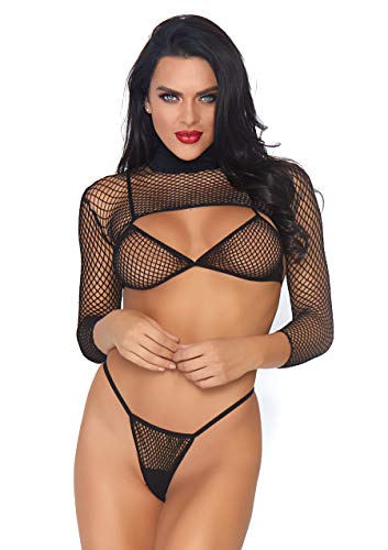 Women's Fishnet Bikini Set with Crop Top Lingerie in Black Rainbow, One Size