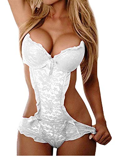 Women's Lace Teddy Bodysuit Deep V One Piece Babydoll Sexy Lingerie Set
