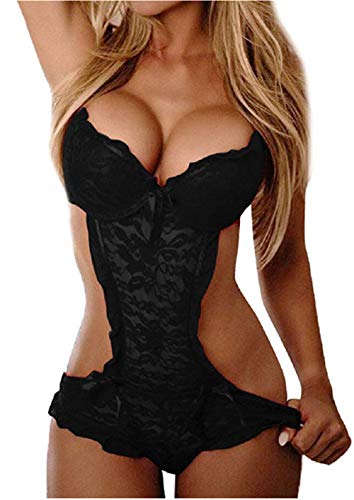 Women's Lace Teddy Bodysuit Deep V One Piece Babydoll Sexy Lingerie Set