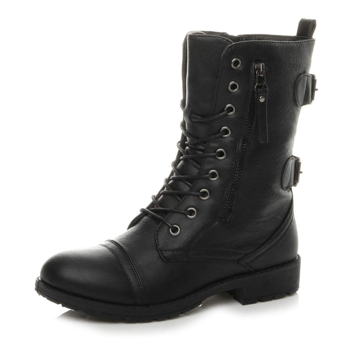 Womens Ladies Flat Low Heel Lace up Zip Combat Military Ankle Boots, Black Matte, 5 UK, 38 EU
