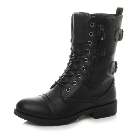 Womens Ladies Flat Low Heel Lace up Zip Combat Military Ankle Boots, Black Matte, 5 UK, 38 EU