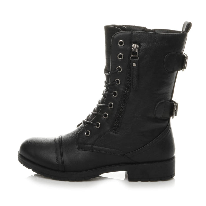 Womens Ladies Flat Low Heel Lace up Zip Combat Military Ankle Boots, Black Matte, 5 UK, 38 EU