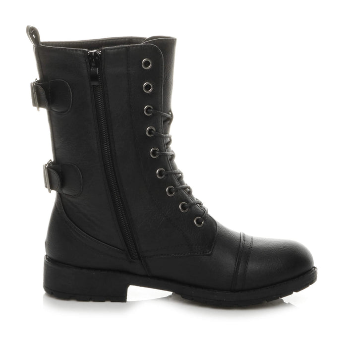 Womens Ladies Flat Low Heel Lace up Zip Combat Military Ankle Boots, Black Matte, 5 UK, 38 EU