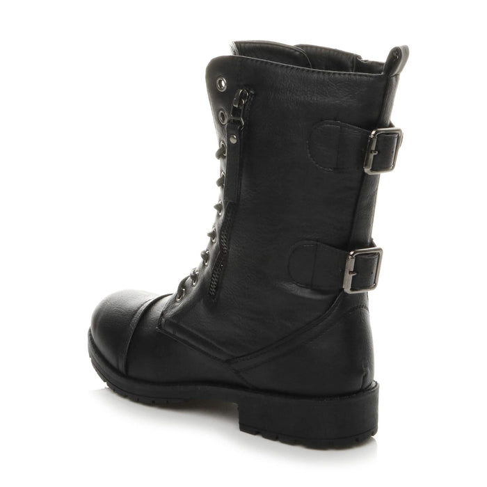 Womens Ladies Flat Low Heel Lace up Zip Combat Military Ankle Boots, Black Matte, 5 UK, 38 EU