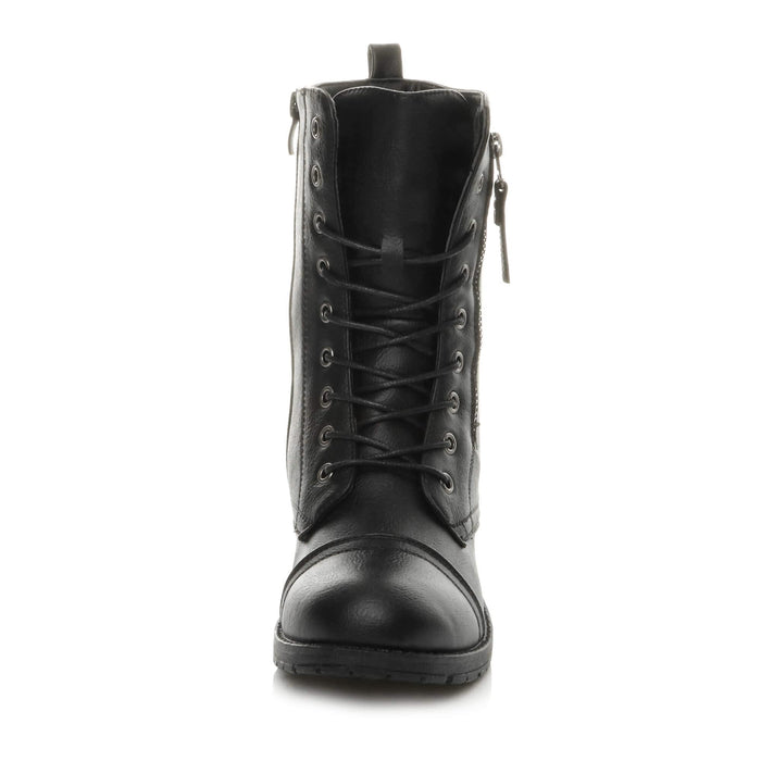 Womens Ladies Flat Low Heel Lace up Zip Combat Military Ankle Boots, Black Matte, 5 UK, 38 EU