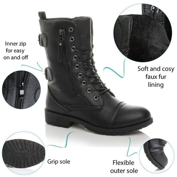 Womens Ladies Flat Low Heel Lace up Zip Combat Military Ankle Boots, Black Matte, 5 UK, 38 EU