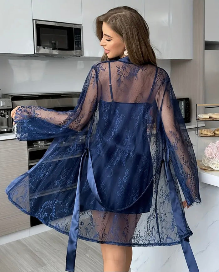 Women's Lingerie set, Lace Hollow Out Long Sleeve Robe with Backless slip on dress - Style Heist