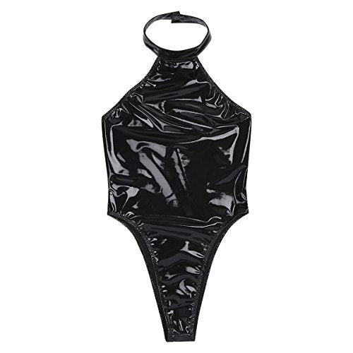 Women's Metallic Leather Bodysuit - Shiny PVC Leather High Cut Thongs Leotard One Piece Halter