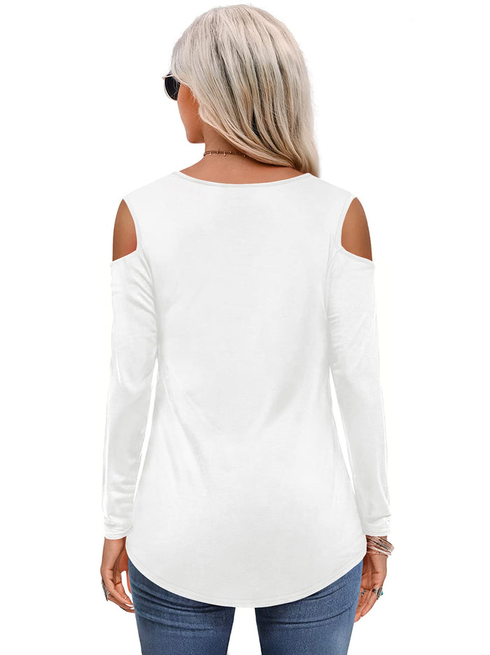Womens Tops Open Shoulder V Neck T-Shirt Long Sleeved Tee Shirts White Size 16 18