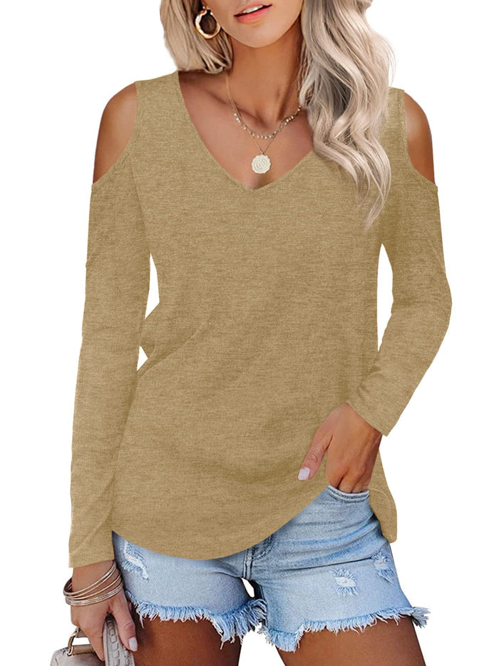 Womens Tops Open Shoulder V Neck T-Shirt Long Sleeved Tee Shirts White Size 16 18
