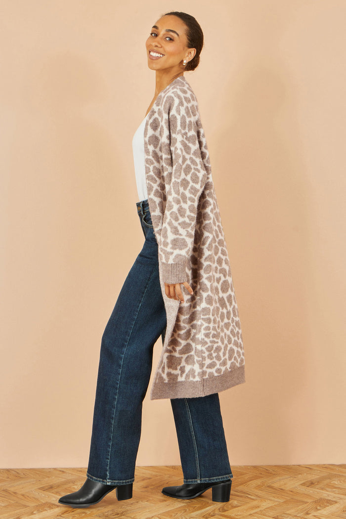 Yumi Beige Animal Print Intarsia Long Cardigan