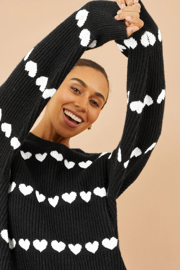 Yumi Black Knitted Jumper With Heart Stripes