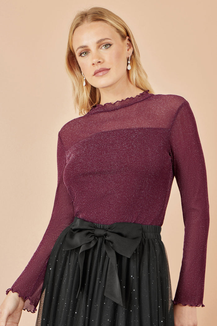Yumi Burgundy Shimmer Print Mesh Stretch Fitted Top