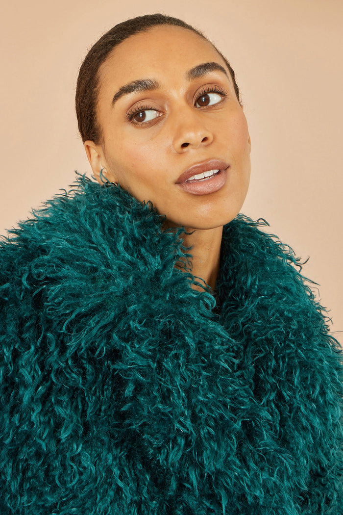 Yumi Teal Luxe Long Hair Fur Coat