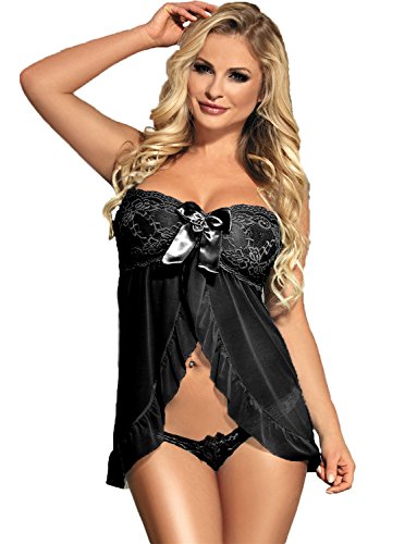 Yummy Bee Plus Size Lace Babydoll Lingerie - Black Nightwear Set for Women (Size 8)