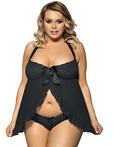 Yummy Bee Plus Size Lace Babydoll Lingerie - Black Nightwear Set for Women (Size 8)