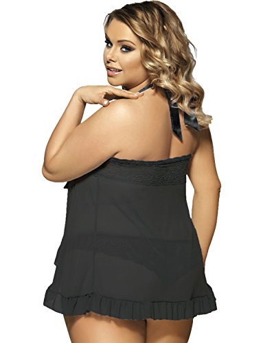 Yummy Bee Plus Size Lace Babydoll Lingerie - Black Nightwear Set for Women (Size 8)