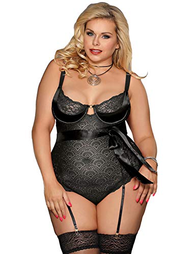 Yummy Bee Plus Size Lace Babydoll Lingerie Teddy Bodysuit with Suspenders 8-22