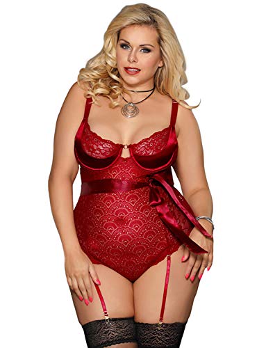 Yummy Bee Plus Size Lace Babydoll Lingerie Teddy Bodysuit with Suspenders 8-22