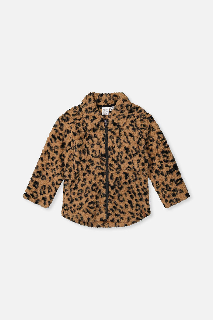 Deux par Deux girls sherpa zip overshirt in leopard print, main view