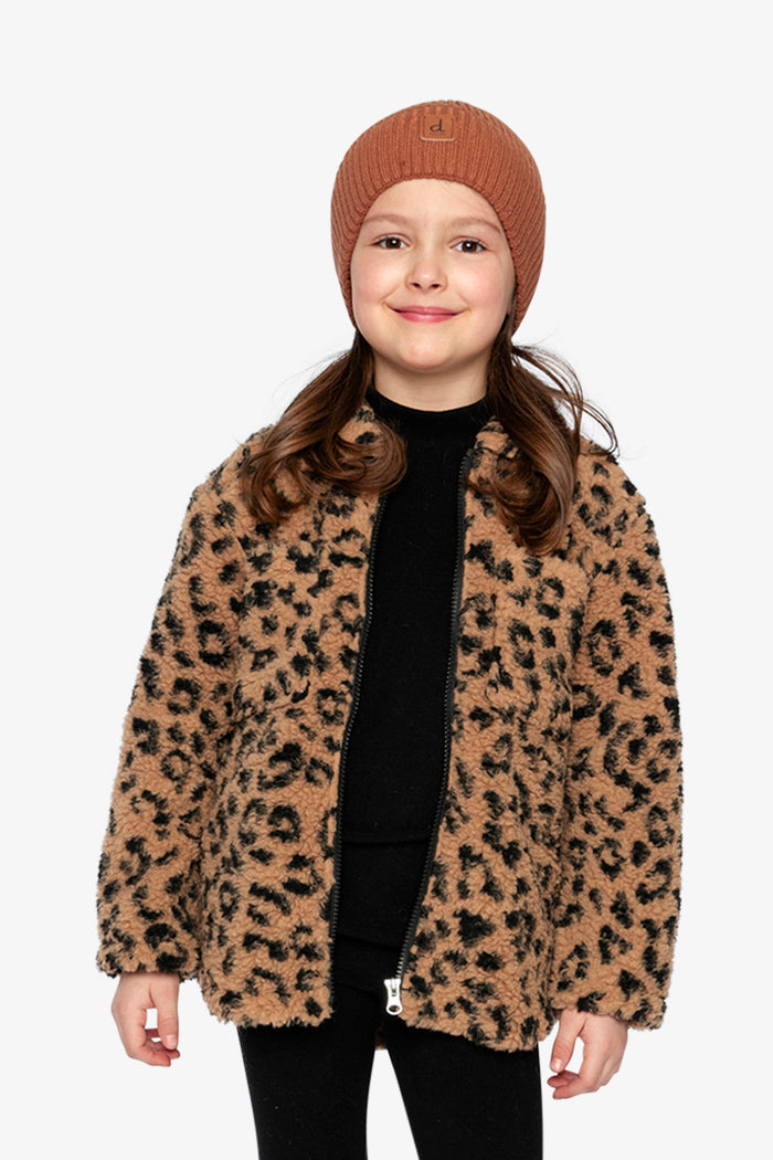 Child wearing the leopard print Deux par Deux sherpa overshirt, view 1