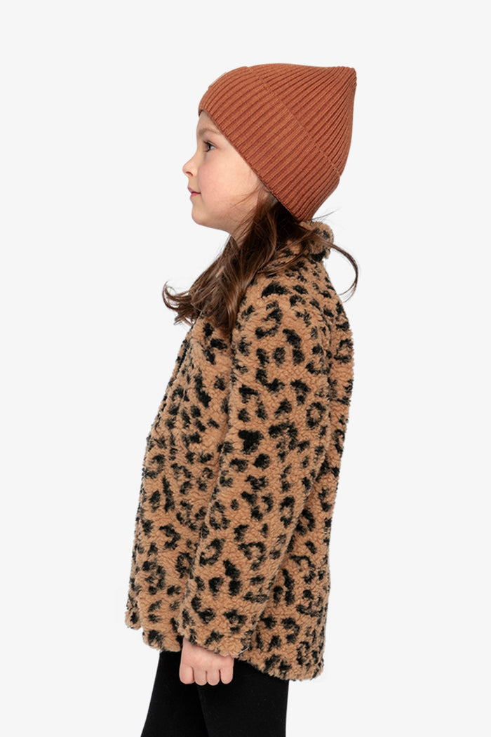 Child wearing the leopard print Deux par Deux sherpa overshirt, view 2