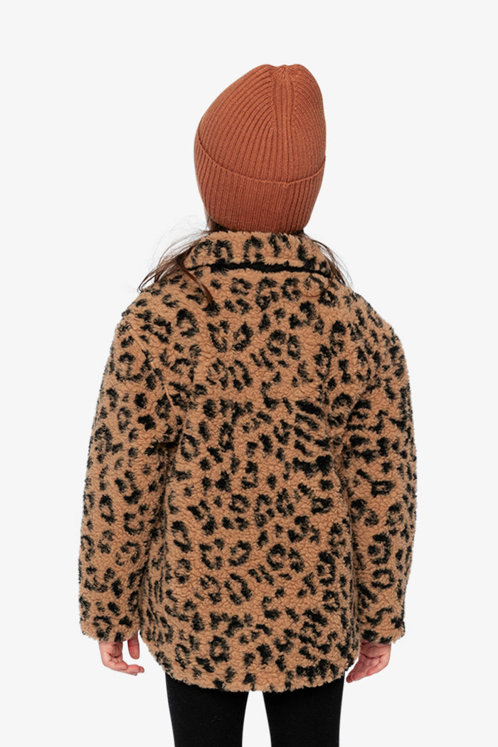 Child wearing the leopard print Deux par Deux sherpa overshirt, view 3