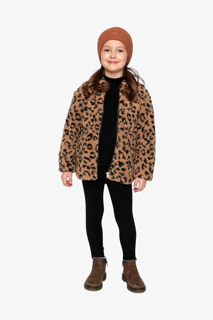 Deux par Deux girls sherpa zip overshirt in leopard print, full view