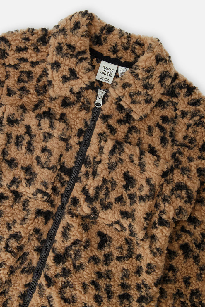 Deux par Deux girls sherpa zip overshirt in leopard print, view 3
