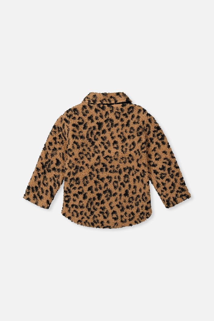 Deux par Deux girls sherpa zip overshirt in leopard print, view 2
